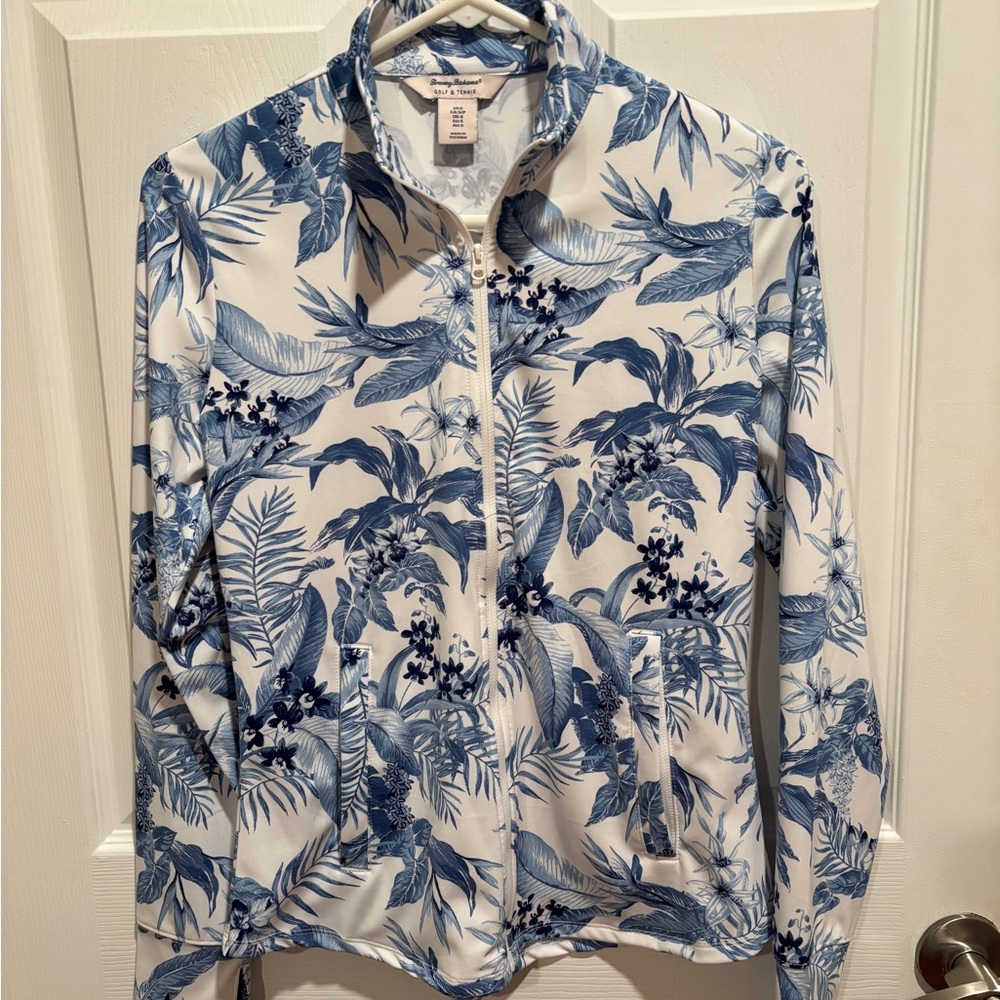Tommy Bahama Blue and White Tropical Bomber Jacket